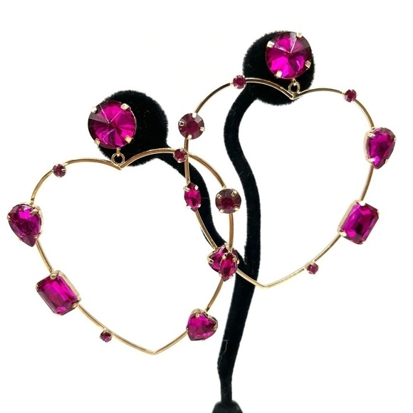 Heart-shaped Earrings Large with Pink Assorted Rhinestones Rose Gold Tone Barbie - Picture 10 of 13